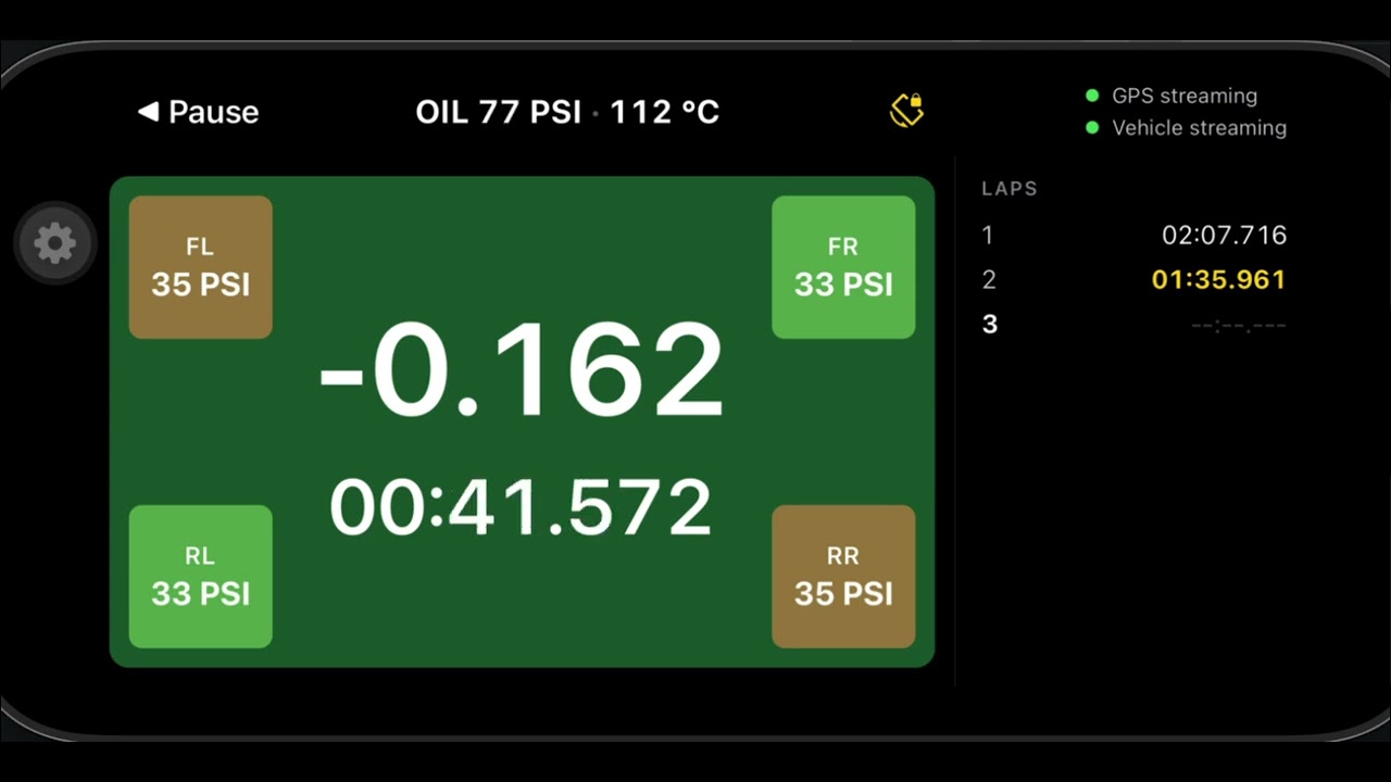 Lap86 LiveTimer screen showing oil pressure and tyre pressures